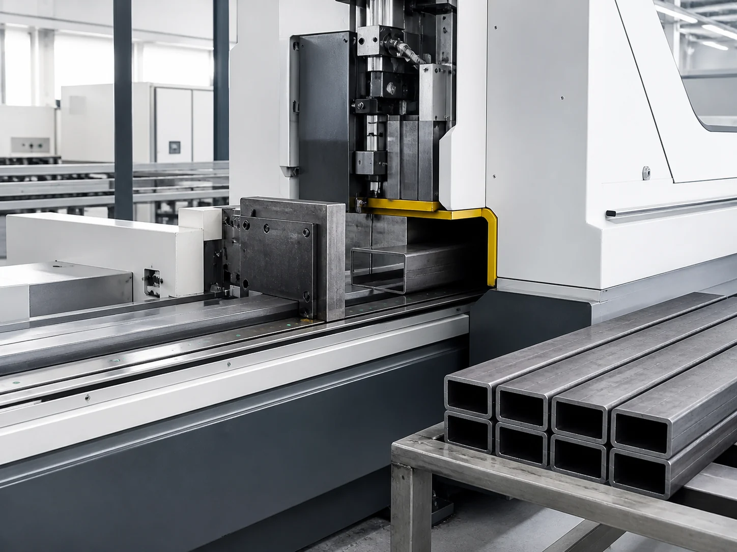Enclosed precision machine cutting rectangular steel stock to length