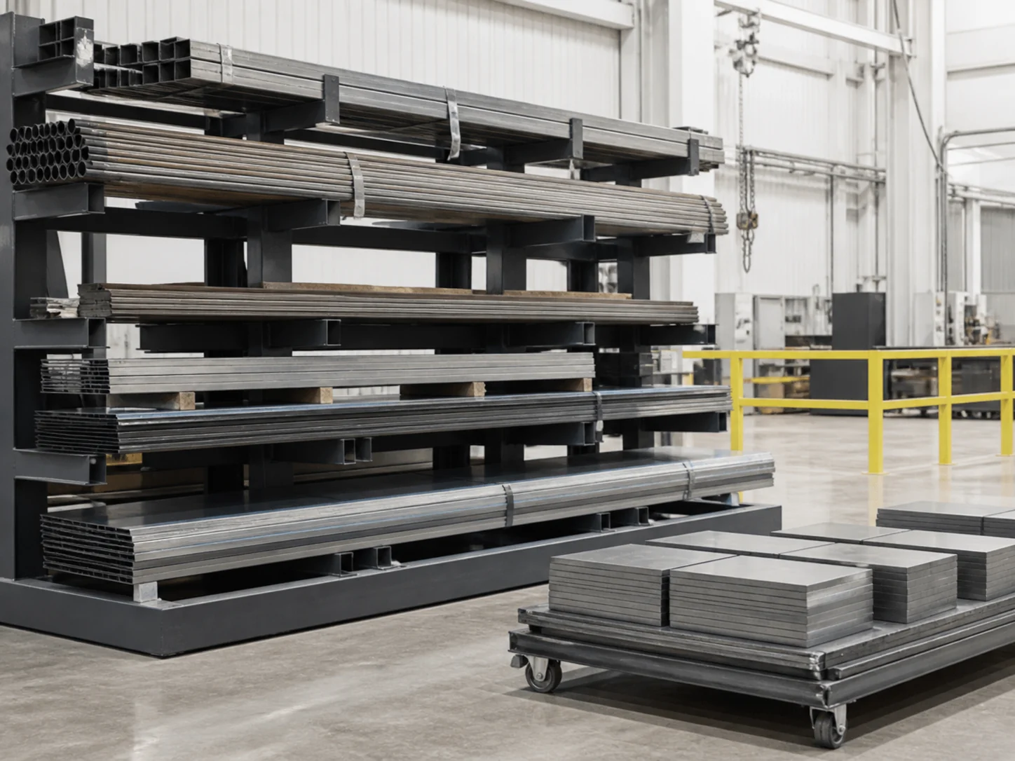 Organized racks of steel stock and stacks of pre-cut blanks