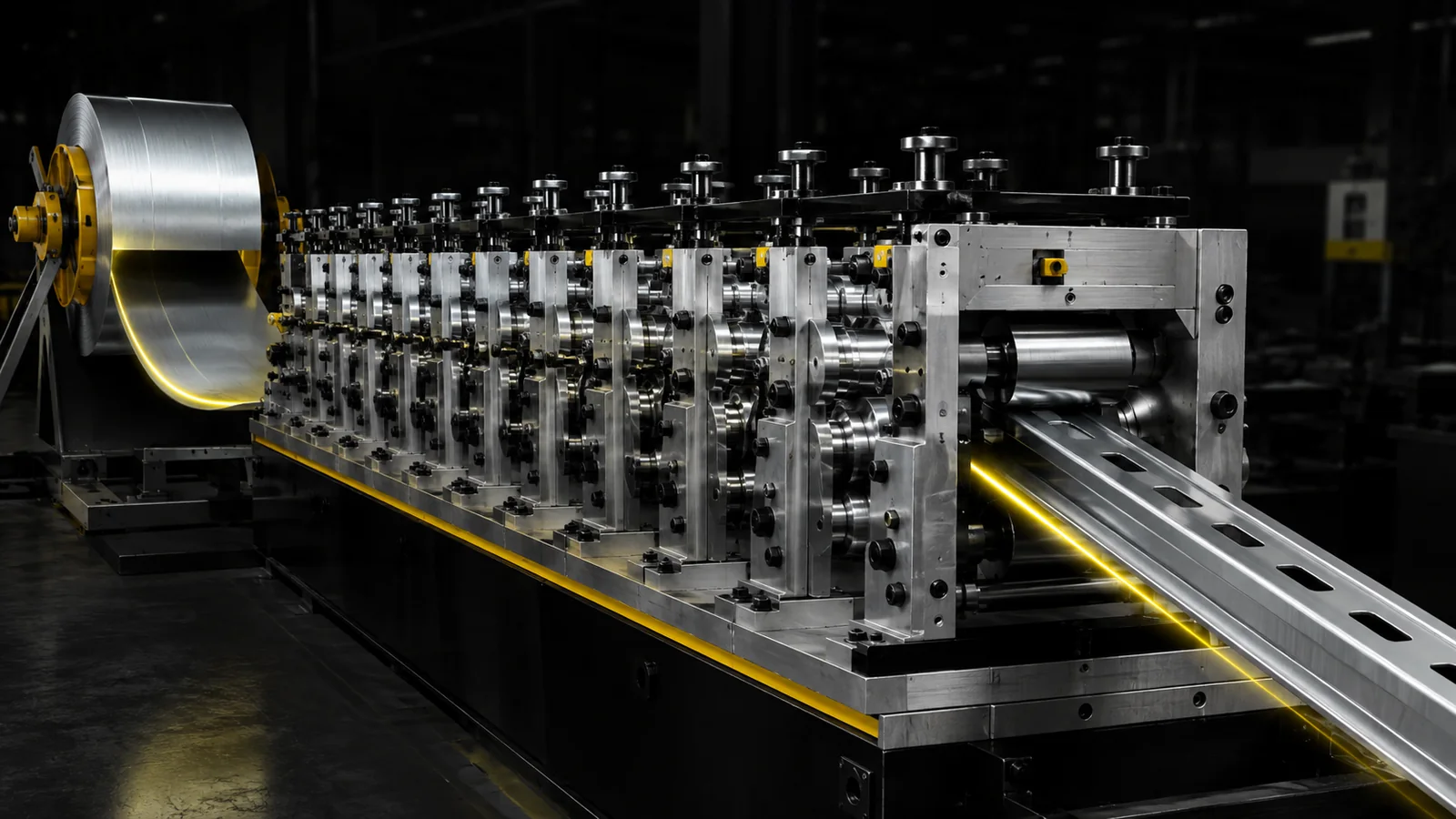 Steel coil feeding a precision roll-forming line with finished strut emerging